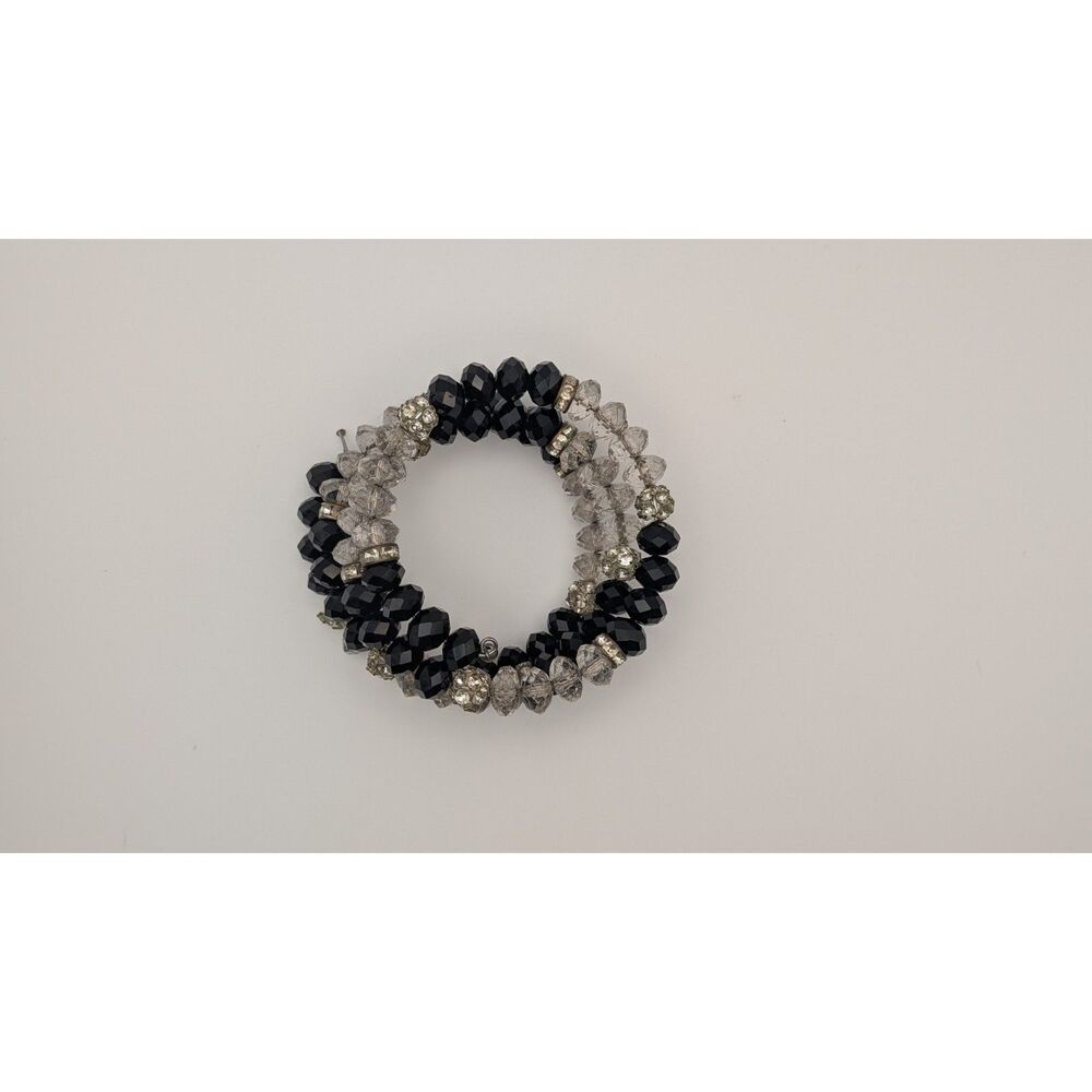Black & Gray Crystal Beaded Stretch Bracelet with Rhinestone Spacers Fashion